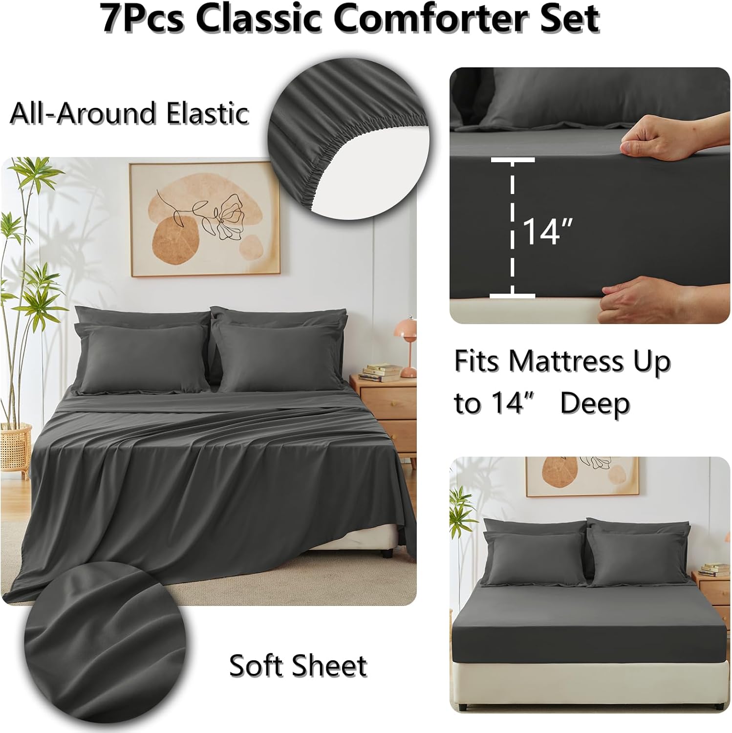 CozyLux Queen Comforter Set Dark Grey - Bed in a Bag Queen Size 7 Pieces, Luxury Soft Bed Set for All Seasons, Bedding Set with Down Alternative Comforter, Sheets, Pillowcases & Shams - Image 5