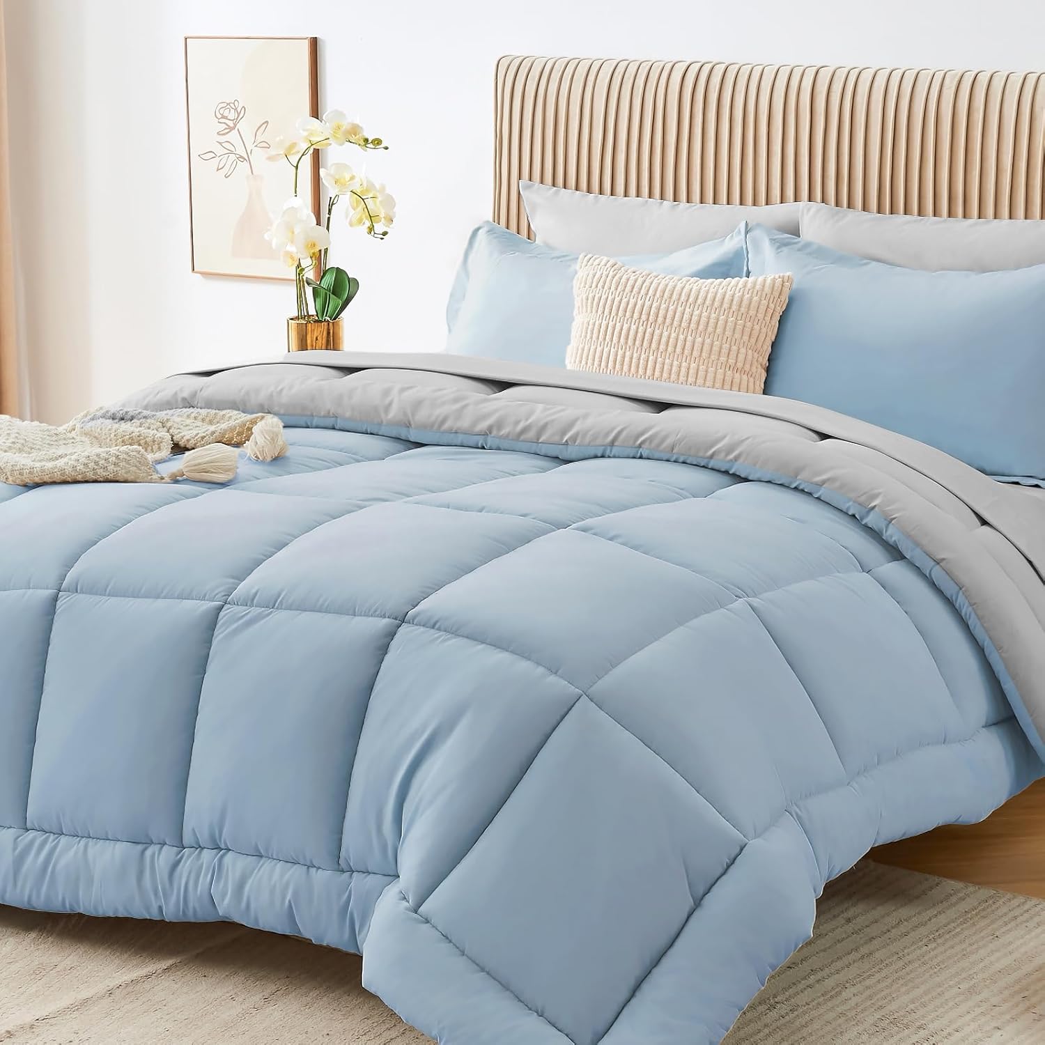 Sasttie Queen Comforter Set, 7 Pieces Bed in a Bag Queen, Complete Bedding Set Includes Grey Comforter, Flat Sheet, Fitted Sheet, Pillowcases and Pillow Shams, Dark Grey - Image 9