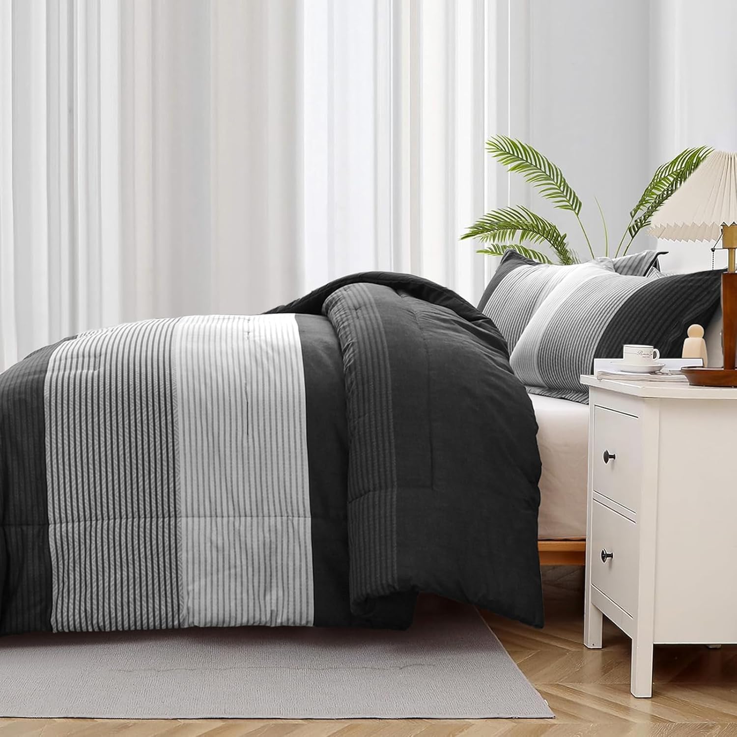 WONGS BEDDING Black Comforter Set Queen, Reversible Black Grey Stripe Down Alternative Comforter for All Season,3 Pieces(1 Patchwork Comforter+2 Pillowcases), Soft Microfiber Bedding Set 90"×90" - Image 5