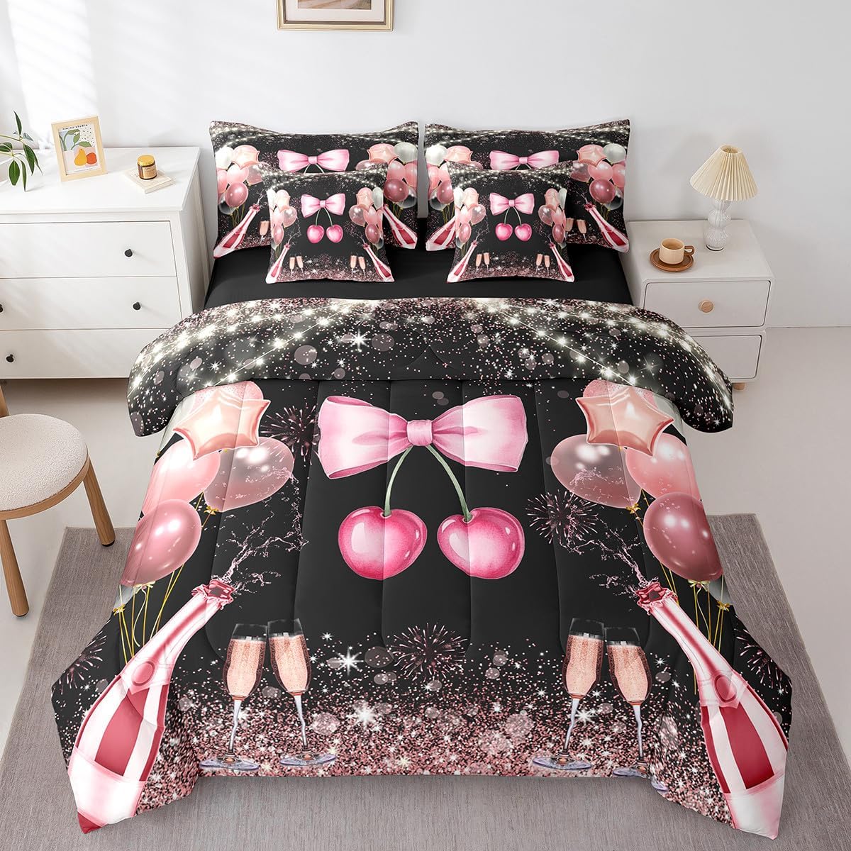 Erosebridal Kawaii Bowknot Girls Bed in A Bag with Sheets Dreamy Princess Style Twin Comforter Set 7 Piece for Kids Teen Women,Girly Cute Bow Bedding Set Pink Bow Tie Bed Set Bedroom Decor - Image 23