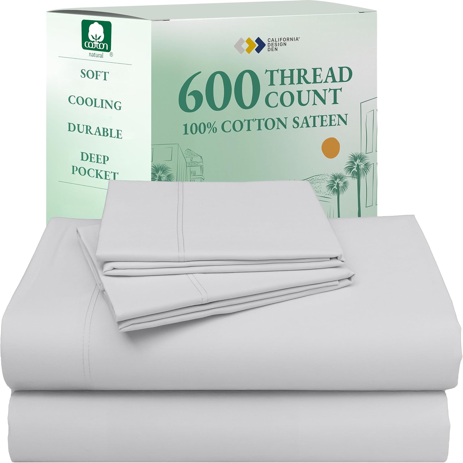 California Design Den Queen Sheet Set - Luxury 600 Thread Count Sateen, 100% Cotton Deep Pocket Queen Sheets with All Around Elastic, Snug Fit, Hotel Quality Bedding Set - White - Image 46