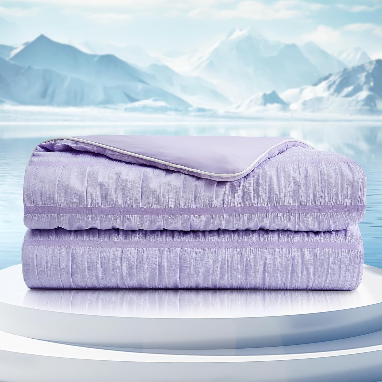 Cozy Bliss Seersucker Cooling Comforter King Size, Q-Max 0.4 Reversible Lightweight Cooling Blanket, Breathable Silk Smooth Summer Bedding Quilt for Hot Sleepers Night Sweats Cold Blue - Image 13