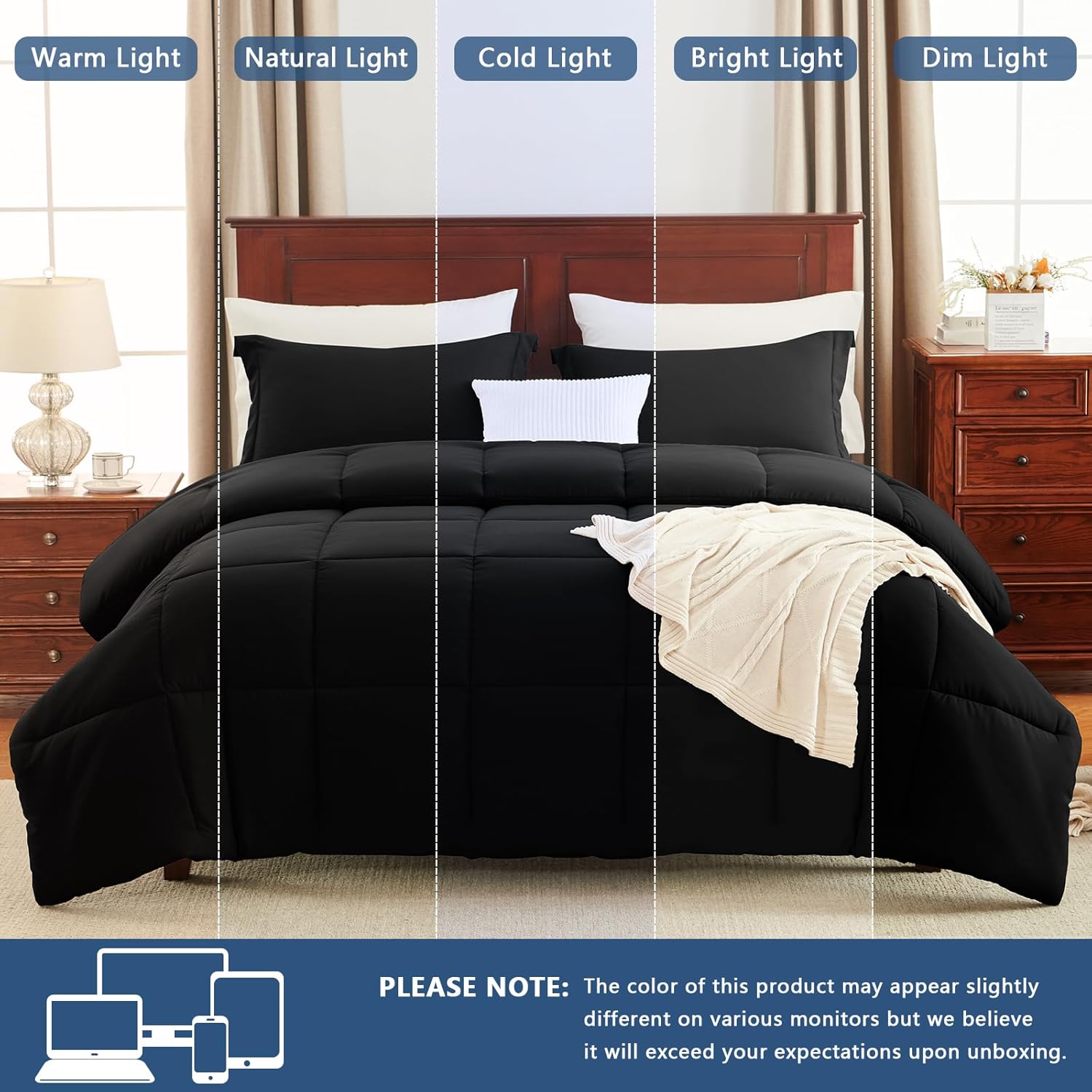 CozyLux King Size Comforter Set - Black Comforter King, 3 Pieces Box Stitched Bed Set for All Seasons, Soft Lightweight Bedding Sets with 1 Down Alternative Comforter and 2 Pillow Shams - Image 5