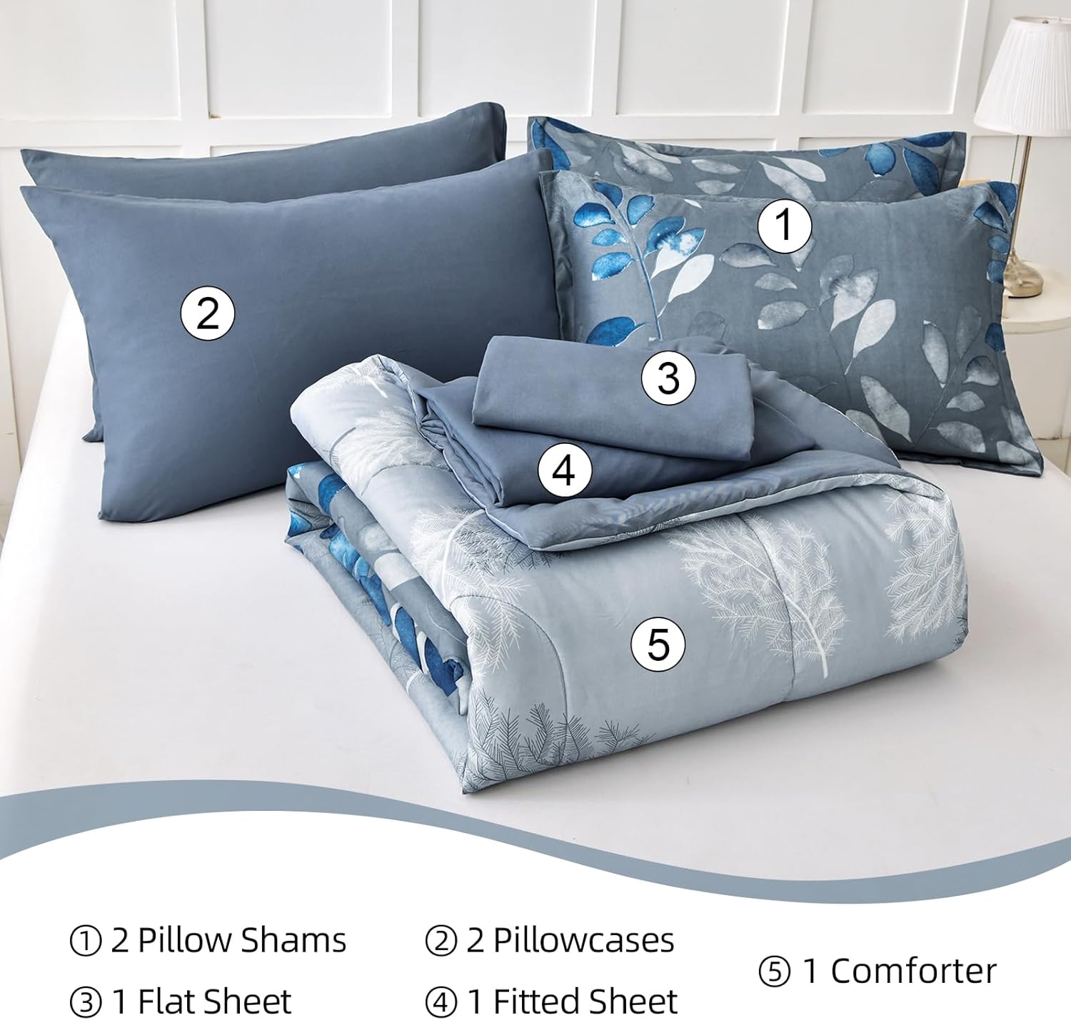 Blue Floral Comforter Set Queen Size 7 Piece Navy Botanical Gradient Leaves Ultra Soft Microfiber Down Alternative Bedding Set Lightweight Reversible Boho Bed Comforter Set for All Season 90" x 90" - Image 6