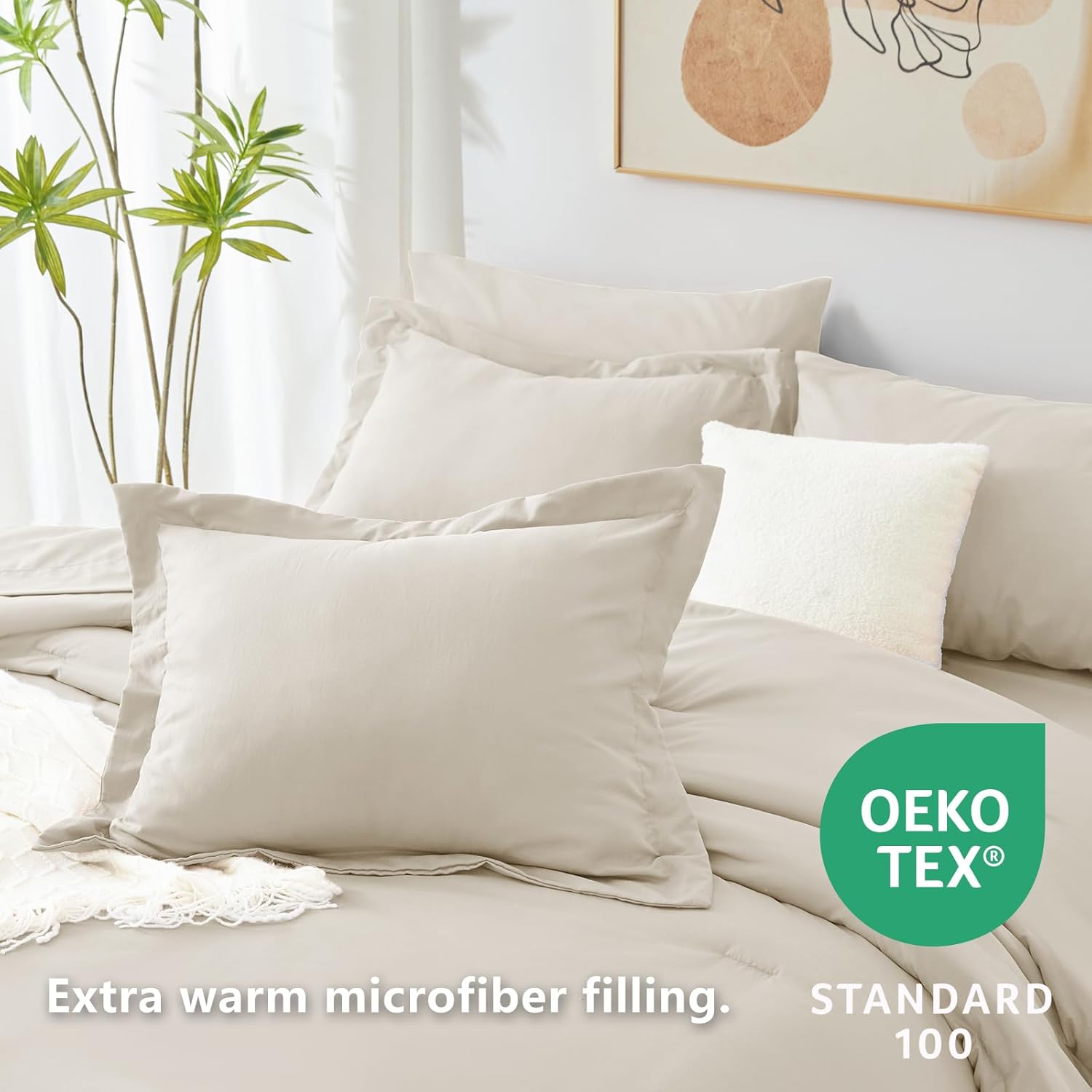 CozyLux King Comforter Set Beige, 7 Pieces Bed in a Bag Soft Bedding Comforter Set with Sheets, All Season Boho 7PC Bed Sets with Comforter, Fitted Sheets, Flat Sheets, Pillow Shams and Pillowcases - Image 4