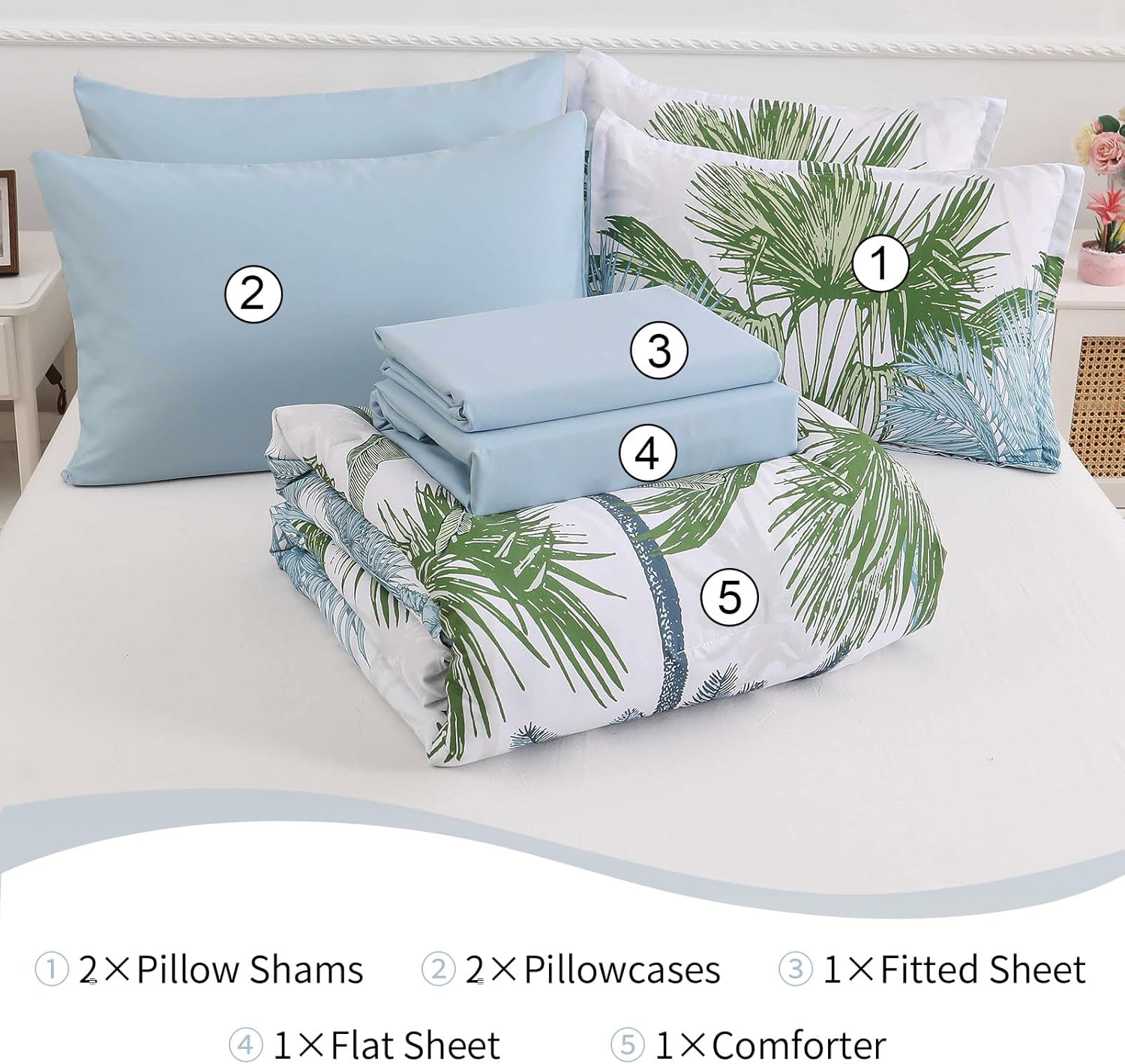 WONGS BEDDING Botanical Comforter Set Queen, 7 Pieces Blue Palm Tree Bed in a Bag, Reversiable Soft Microfiber Coastal Beach Bedding with Comforter, Flat Sheet, Fitted Sheet, Pillow Shams Pillowcases - Image 6