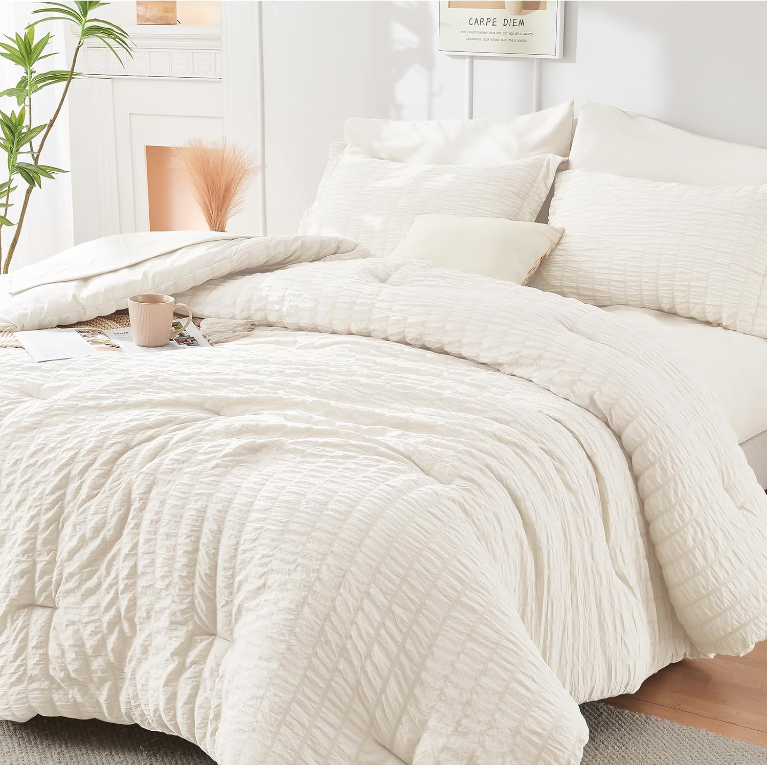 HYMOKEGE Queen Comforter Set Seersucker 7 Pieces, All Season Luxury Bed in a Bag for Bedroom, Bedding Set with Comforters, Sheets, Pillowcases & Shams, Dark Grey - Image 88