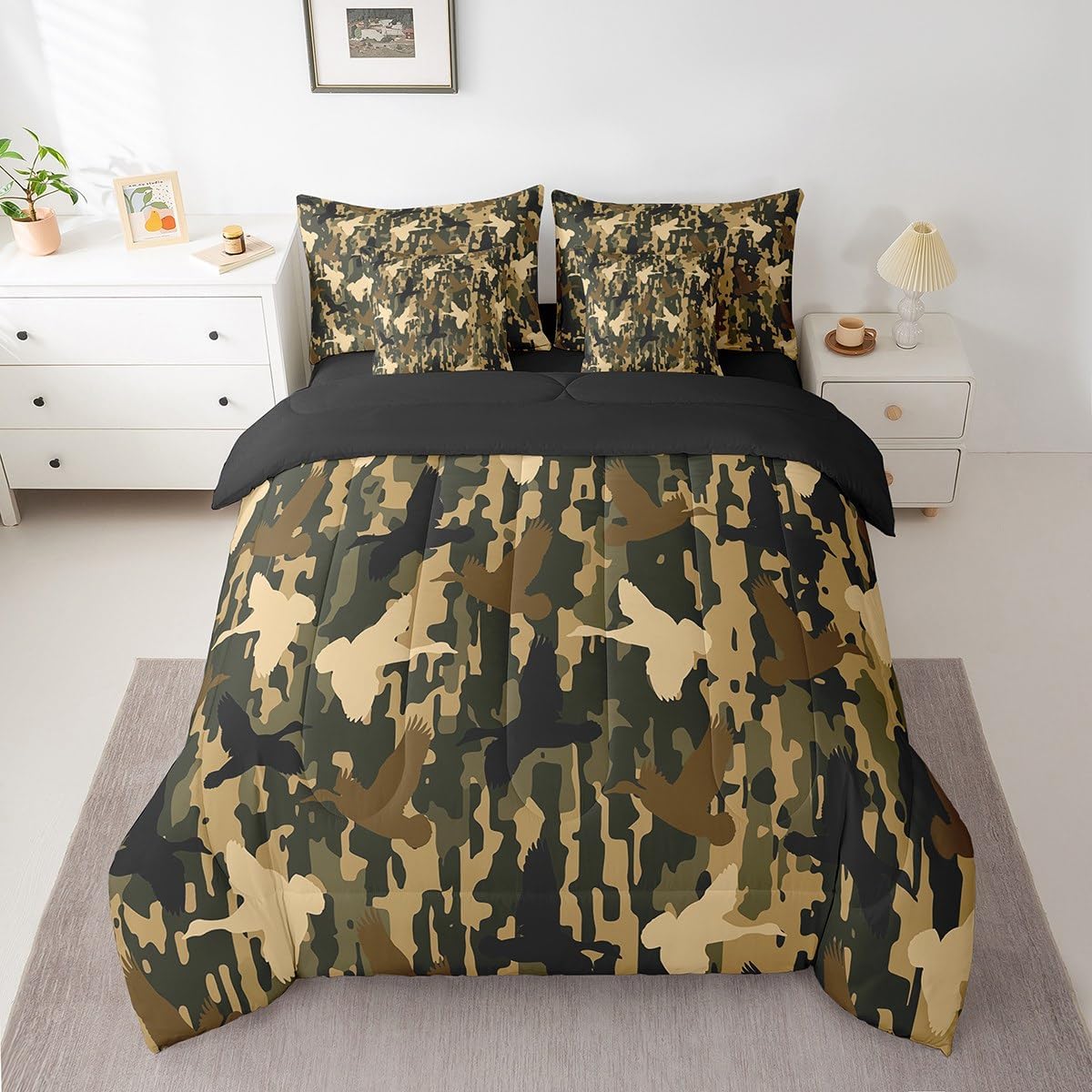 Feelyou Duck Hunter Green Camouflage Hunting 7 Pieces Bedding Set, Queen Size Black Brown All Season,Bed in a Bag with Comforter, Sheets, Pillowcases Camo Army Bed Set Breathable Wild Room Decor - Image 24