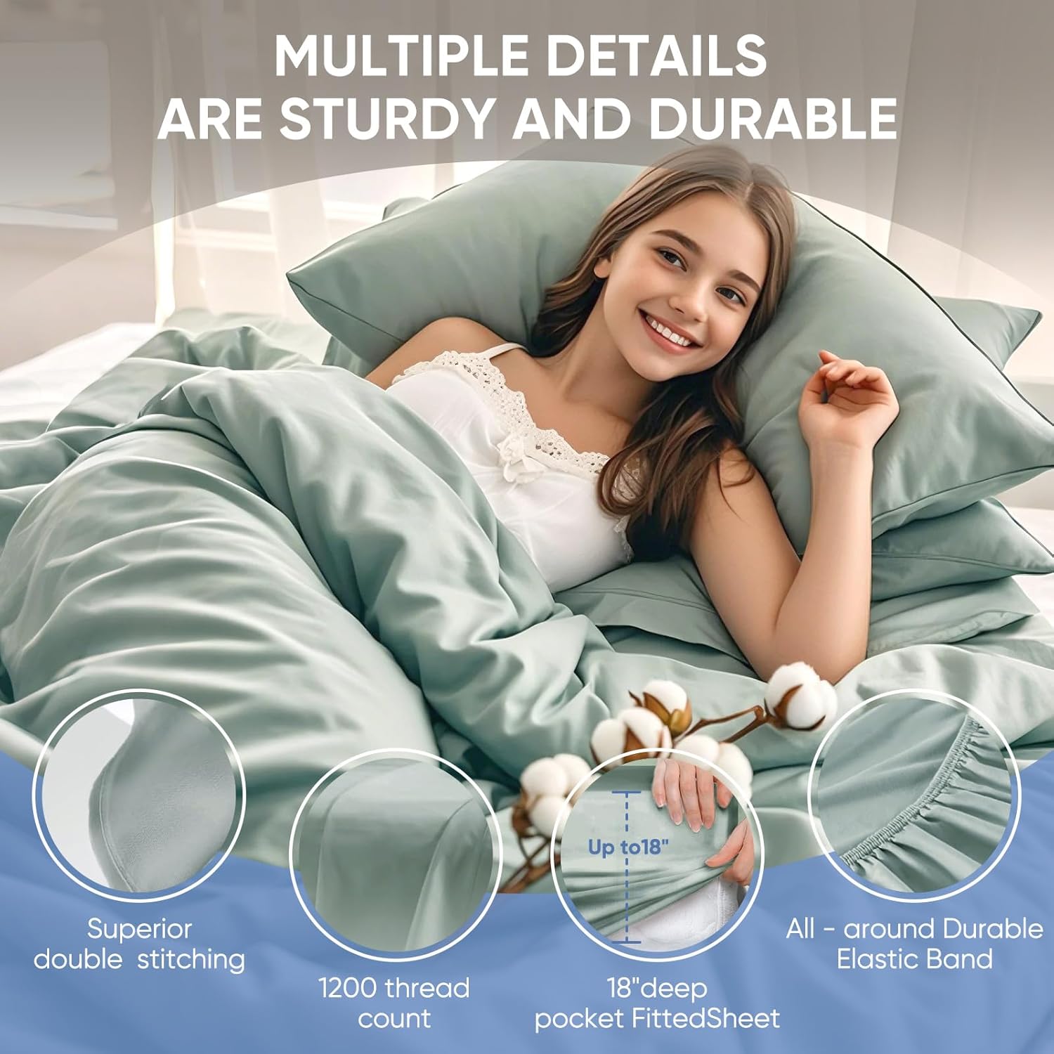 TWK 1200 TC 100% Egyptian Long-Staple Cotton Bedding Sheets Set, Luxury Hotel Style Deep Pocket with Elastic Reinforced Seams Sheet Set, Soft & Comfy Natural Sheets (Mineral, King) - Image 6