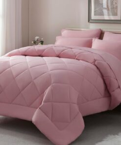 ELNIDO QUEEN® Queen Comforter Set - 7 Pieces Bed in a Bag Queen Size, Bed Set for All Seasons, Blush Pink Ultra Soft Bedding Sets with Comforter, Flat Sheet, Fitted Sheet, Pillowcases and Pillow Shams