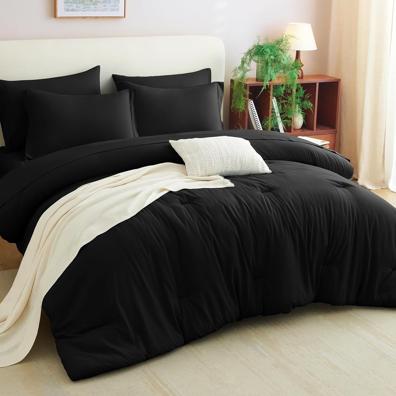 CozyLux King Comforter Set Black, 7 Pieces Bed in a Bag Soft Bedding Comforter Set with Sheets, All Season Boho 7PC Bed Sets with Comforter, Fitted Sheets, Flat Sheets, Pillow Shams and Pillowcases - Image 3