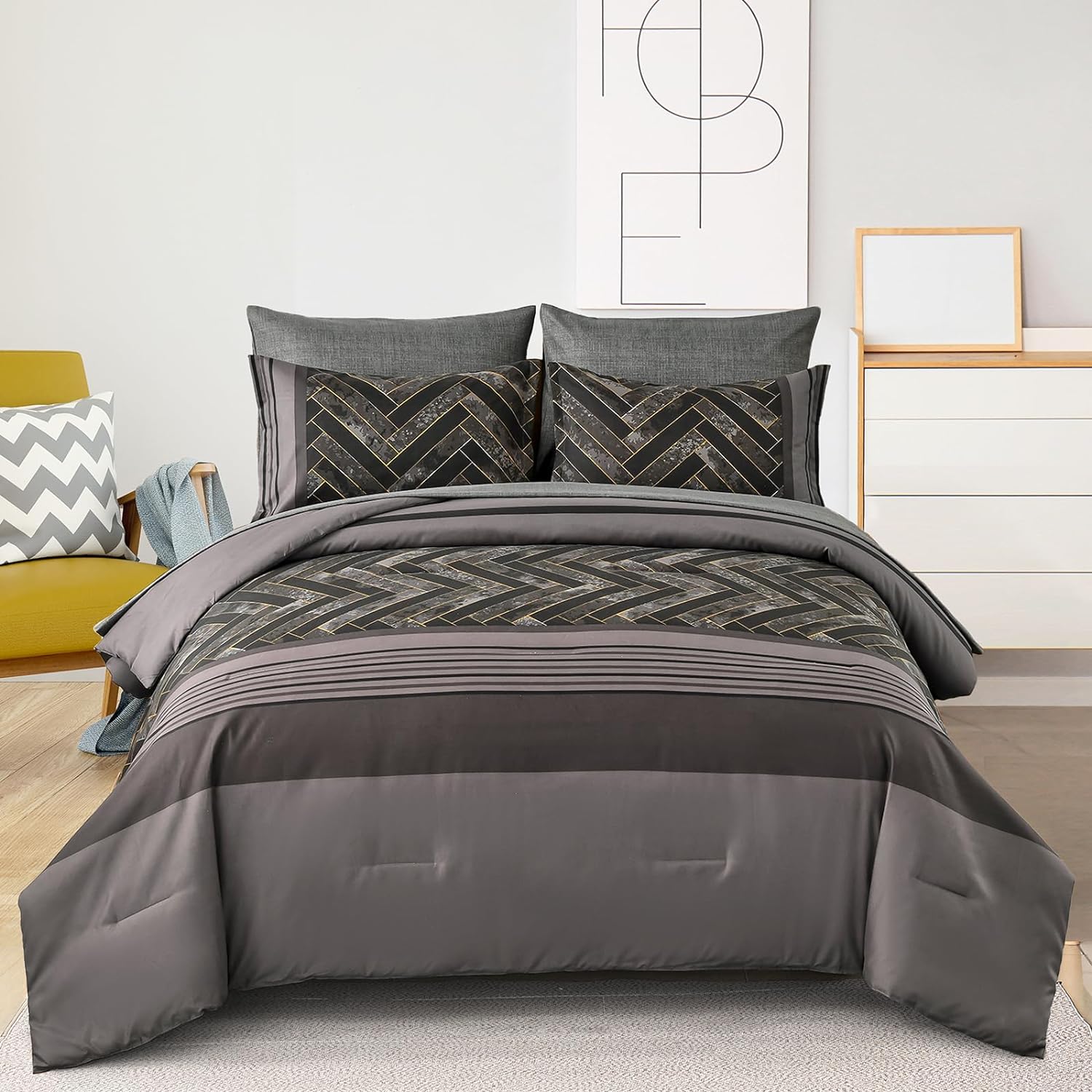 Luxudecor Burgundy Comforter Set King Size 7 Pieces Red and Black Stripe Bed in a Bag Geometric Comforter and Sheet Set, Soft Microfiber Complete Bedding Sets for All Seasons - Image 15