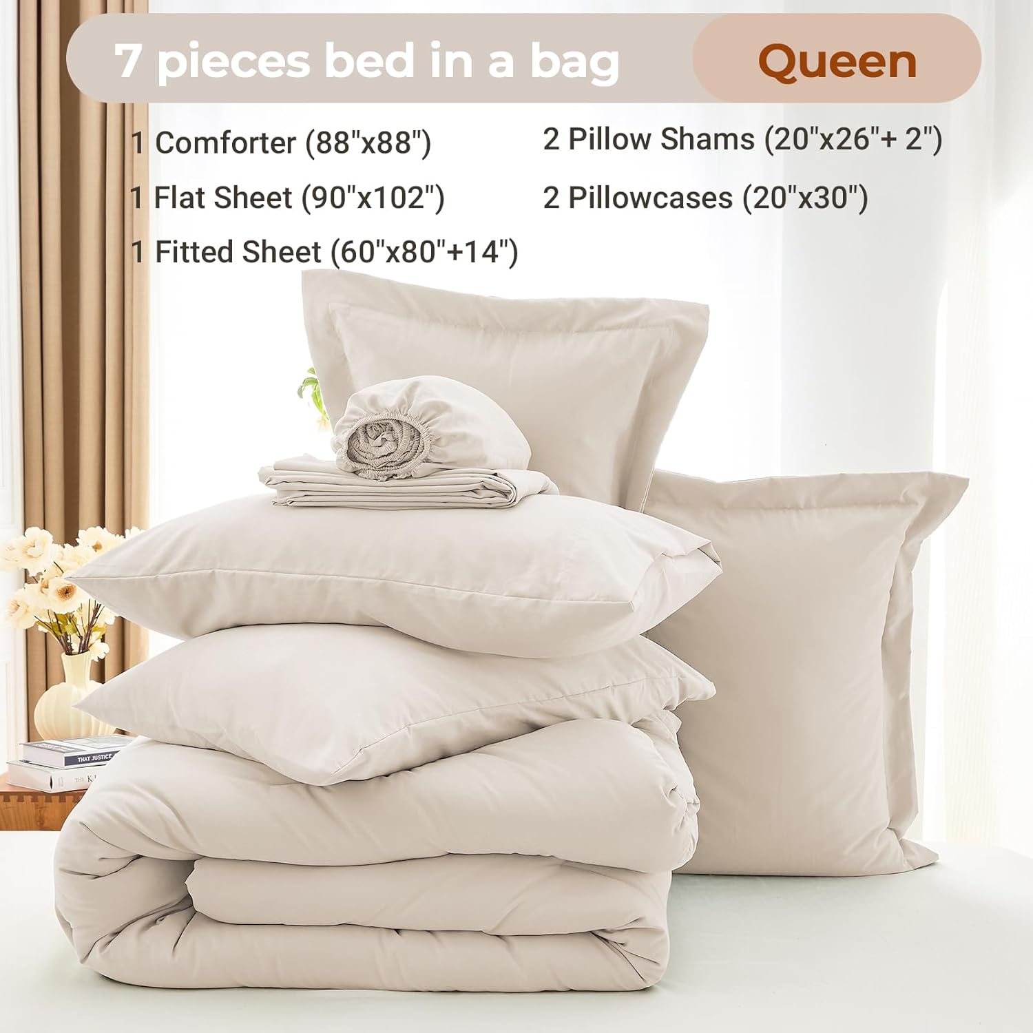MUXHOMO 7 Pieces Queen Comforter Set, Soft Bed in a Bag Queen Size, All Season Bedding Set with Comforter, Flat Sheet, Fitted Sheet, Pillowcases & Shams, Beige - Image 4
