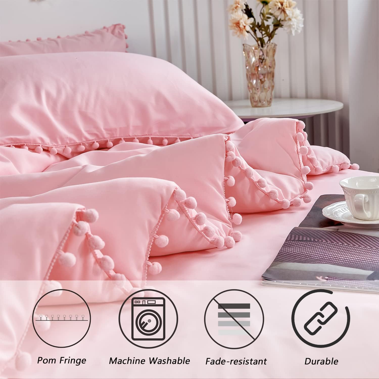 PERFEMET 5 Pcs Pink Pom Pom Comforter Twin Size Aesthetic Boho Pom Fringe Bedding Set with Sheet Ultra Soft Lightweight Farmhouse Bedding Quilt Set for Girls Kids(Pink, Twin) - Image 4