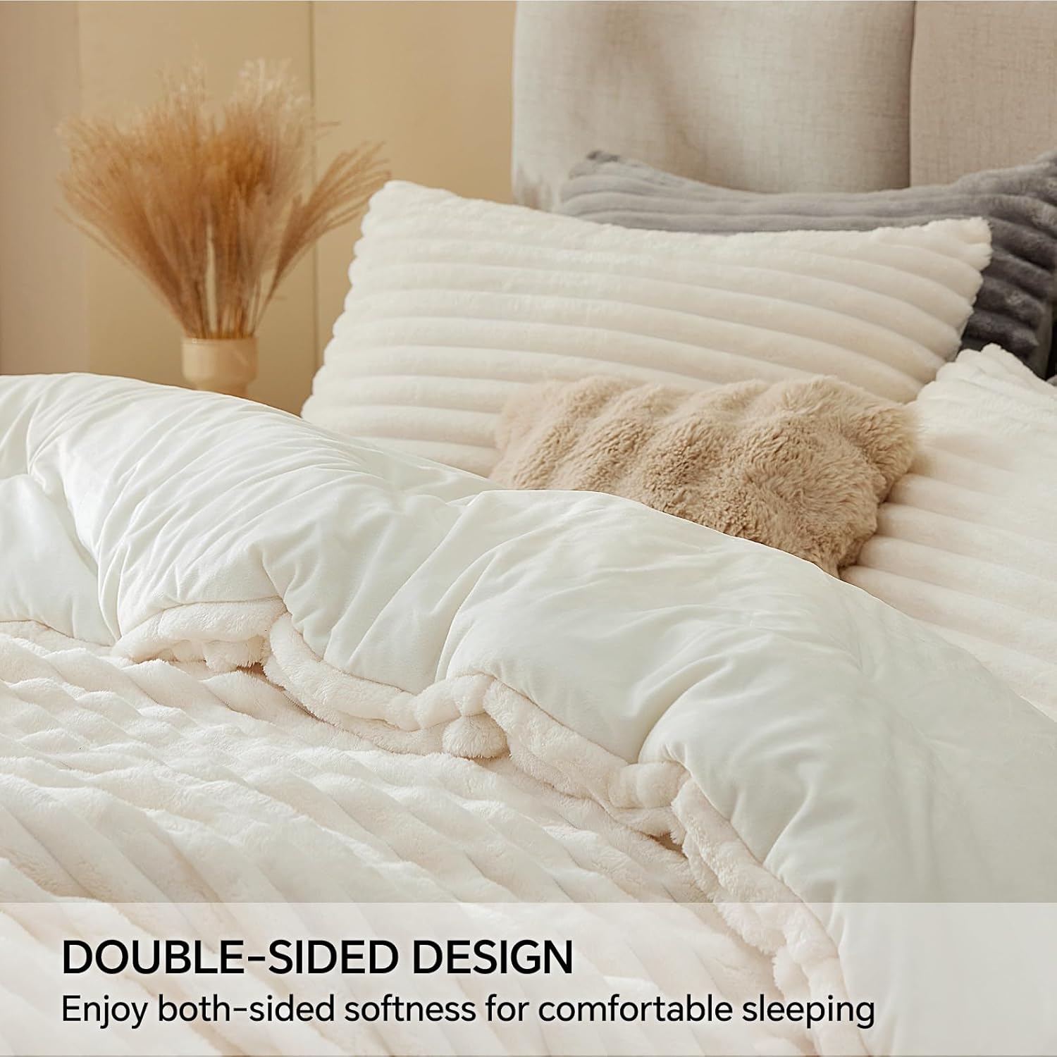 BEDELITE Fleece Queen Comforter Set -Super Soft & Warm Fluffy Cream White Bedding, Luxury Fuzzy Heavy Bed Set for Winter with 2 Pillow Cases - Image 4