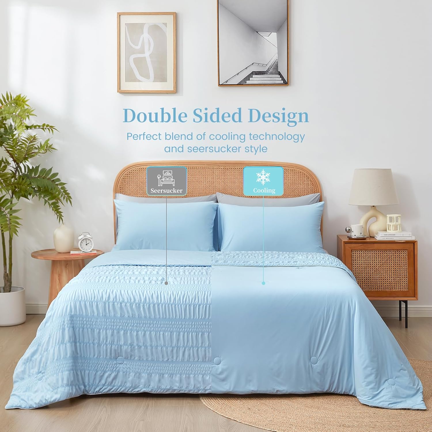 Cozy Bliss Seersucker Cooling Comforter King Size, Q-Max 0.4 Reversible Lightweight Cooling Blanket, Breathable Silk Smooth Summer Bedding Quilt for Hot Sleepers Night Sweats Cold Blue - Image 3