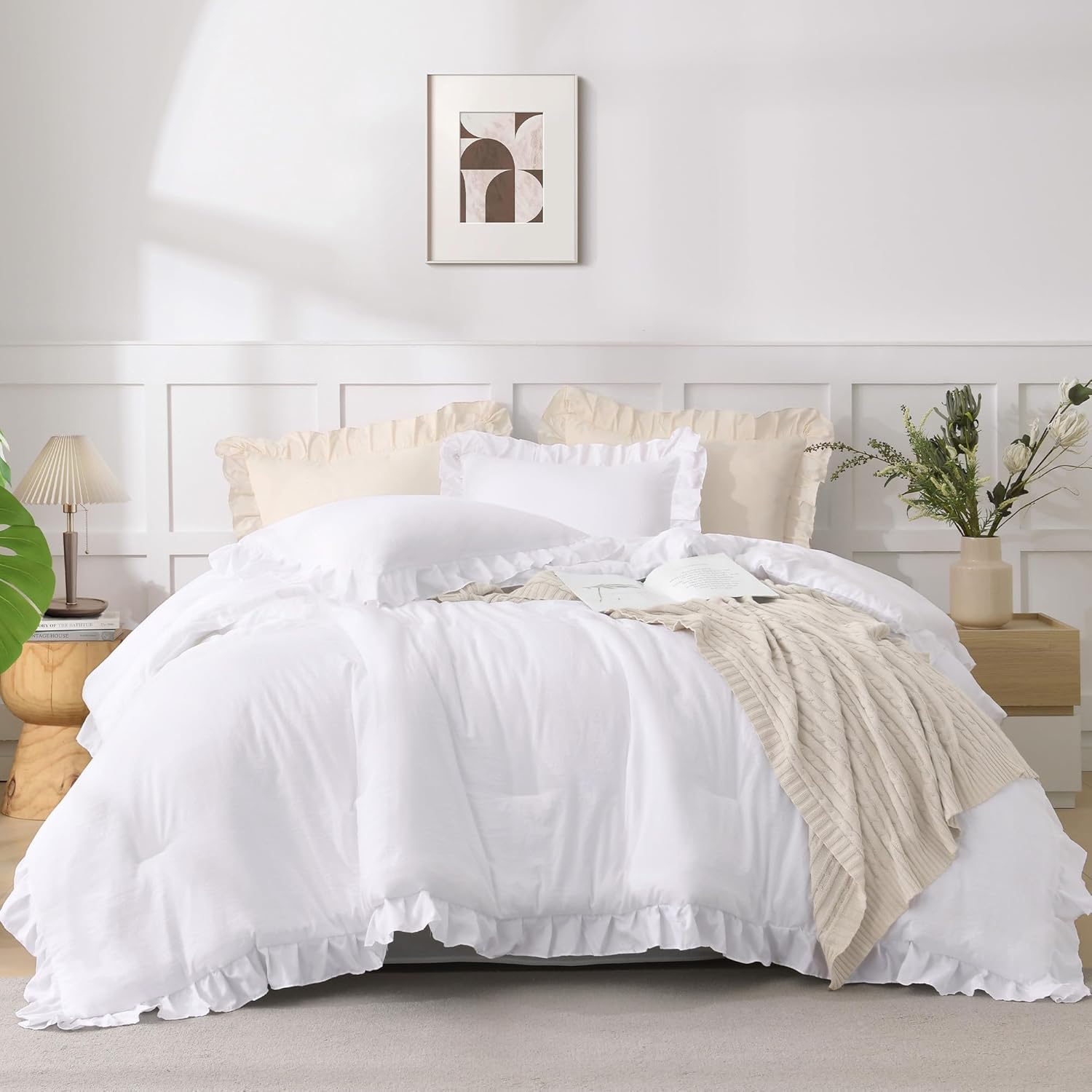 Andency Comforter Full Size Set White, 3 Pieces Ruffle Farmhouse Shabby Chic Gift Full Comforter Set, Soft Lightweight Fluffy All Season Room Decor Bed Set for Girls Women Teens Daughter - Image 2