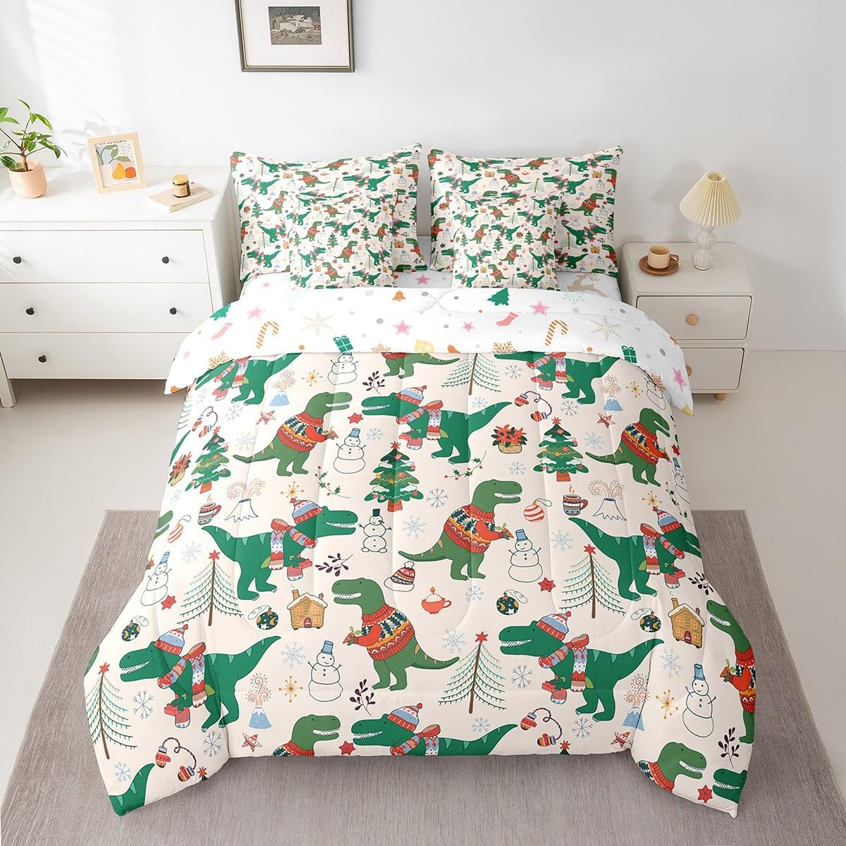 Pink Christmas 7 Piece Bedding Set Full Size Merry Christmas Snowman Bed in a Bag for Boys Girls Bedroom Decor Santa Claus Comforter Set with Sheets,Pillowcases & Cushion Cover Soft Xmas Tree Deer - Image 9