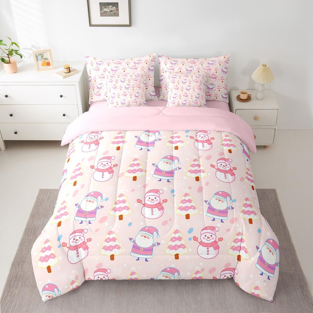 Pink Christmas 7 Piece Bedding Set Full Size Merry Christmas Snowman Bed in a Bag for Boys Girls Bedroom Decor Santa Claus Comforter Set with Sheets,Pillowcases & Cushion Cover Soft Xmas Tree Deer - Image 31