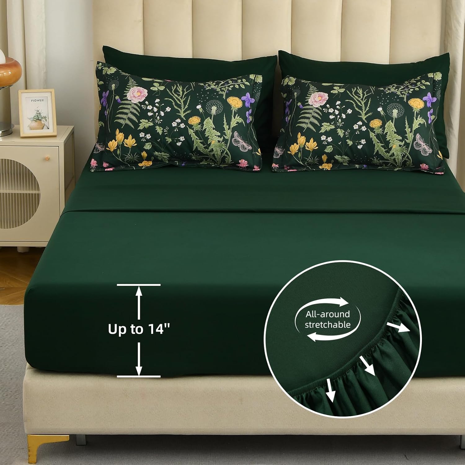 Yiran Queen Comforter Set 7 Piece, Dark Green Floral Bedding Set, Bed in a Bag Queen with Botanical Flowers Patterns, Soft Microfiber Complete Bedding Set with Sheets for All Season - Image 6