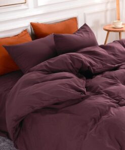 NEXHOME PRO Duvet Cover Set Queen Size Linen Look Textured 100% Washed Cotton Duvet Cover Burgundy Dark Red 3 Pieces Bedding Set with Zipper Closure,Breathable, Soft Organic Natural(No Comforter)
