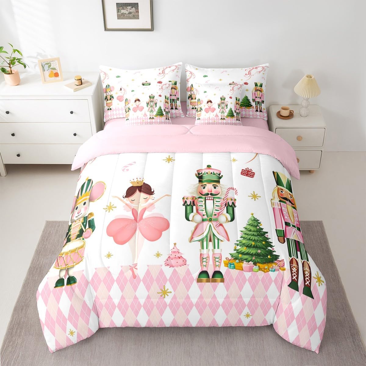 Pink Christmas 7 Piece Bedding Set Full Size Merry Christmas Snowman Bed in a Bag for Boys Girls Bedroom Decor Santa Claus Comforter Set with Sheets,Pillowcases & Cushion Cover Soft Xmas Tree Deer - Image 42