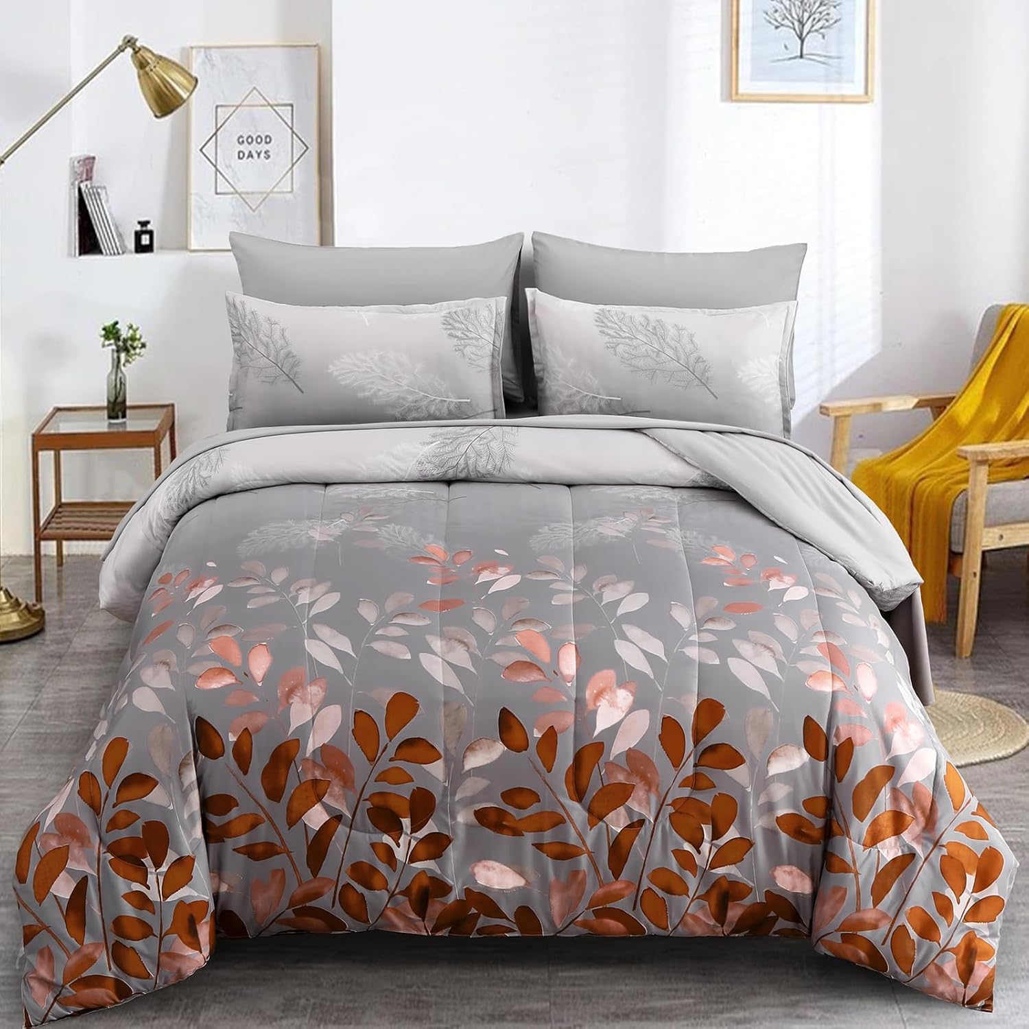 Blue Floral Comforter Set Queen Size 7 Piece Navy Botanical Gradient Leaves Ultra Soft Microfiber Down Alternative Bedding Set Lightweight Reversible Boho Bed Comforter Set for All Season 90" x 90" - Image 7