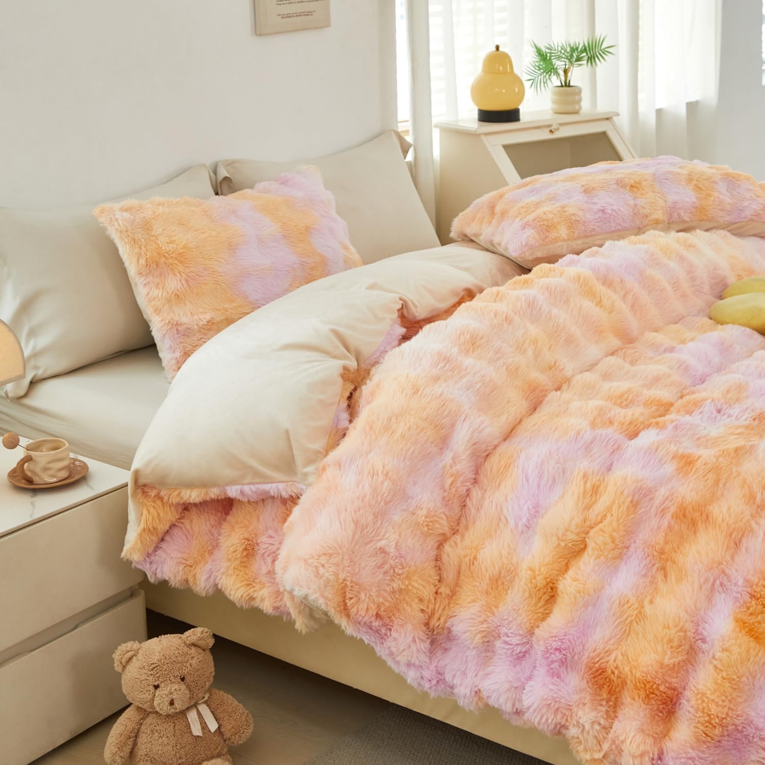 SUCSES Blue Purple Fluffy Twin Bedding Sets for Girls 3Pcs Faux Fur Plush Shaggy Kids Duvet Cover Set Twin Size Tie Dye Velvet Furry Comforter Cover Set - Image 16