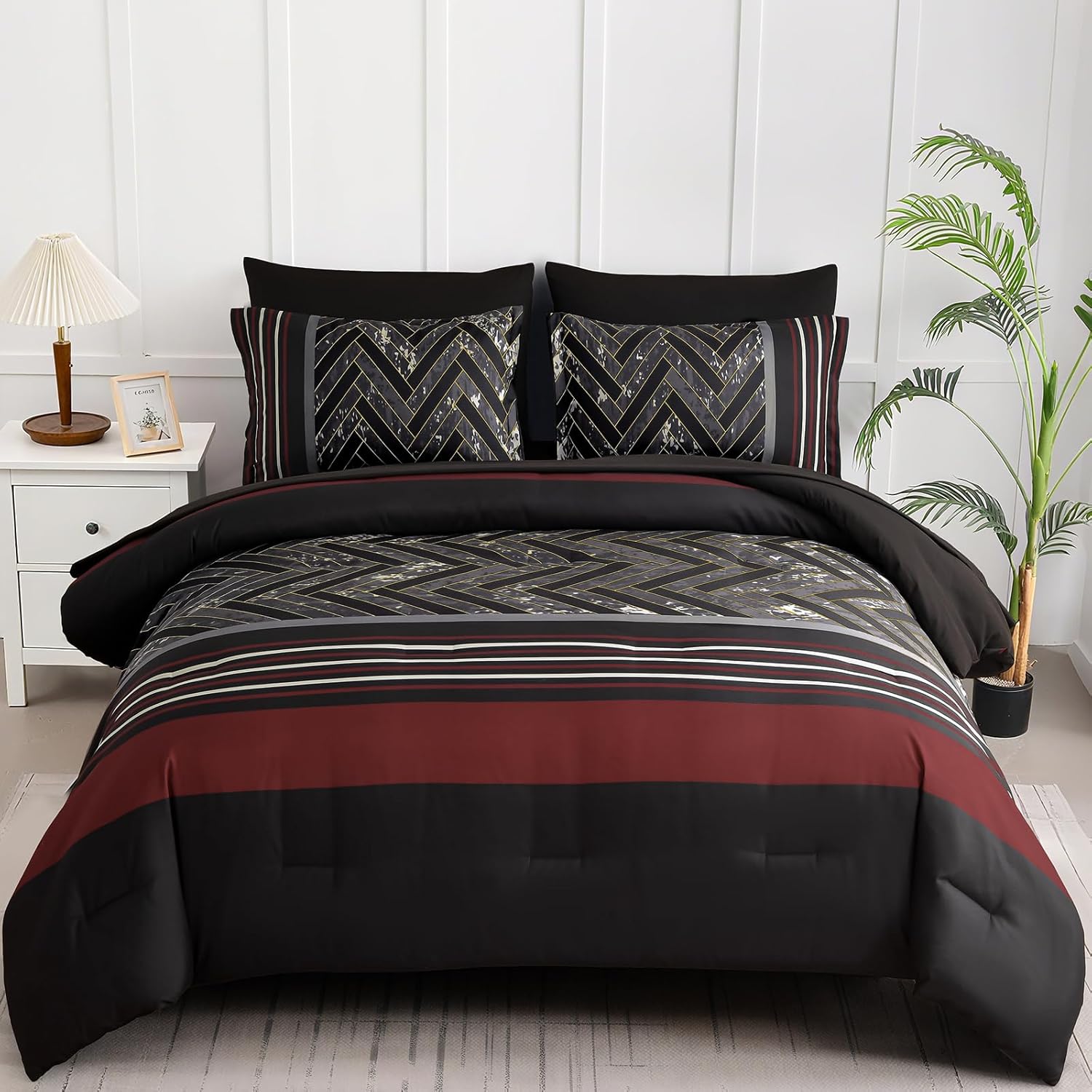 Luxudecor Burgundy Comforter Set King Size 7 Pieces Red and Black Stripe Bed in a Bag Geometric Comforter and Sheet Set, Soft Microfiber Complete Bedding Sets for All Seasons - Image 8
