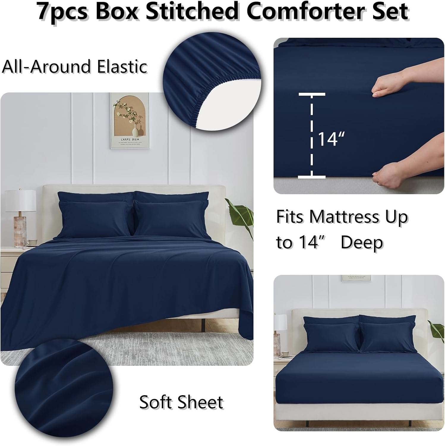 CozyLux Navy Blue Queen Comforter Set with Sheets - 7 Pieces Bed in a Bag Queen Bedding Sets, All Season Soft 7PC Bed Set with Navy Comforter, Flat Sheet, Fitted Sheet, Pillowcases & Pillow Shams - Image 6