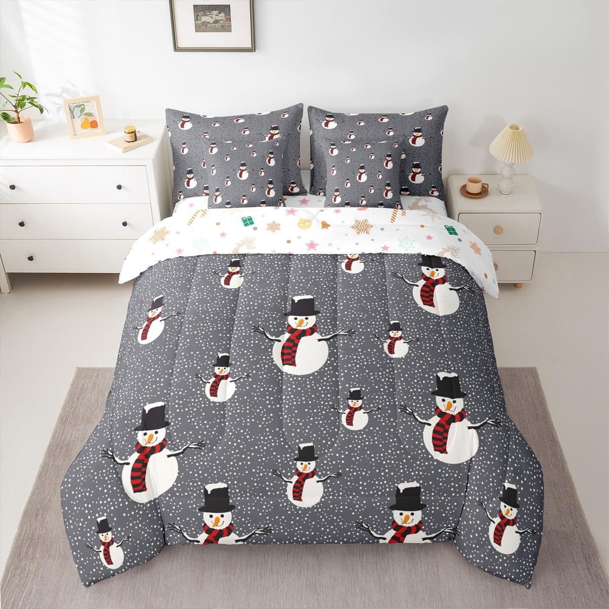 Pink Christmas 7 Piece Bedding Set Full Size Merry Christmas Snowman Bed in a Bag for Boys Girls Bedroom Decor Santa Claus Comforter Set with Sheets,Pillowcases & Cushion Cover Soft Xmas Tree Deer - Image 18