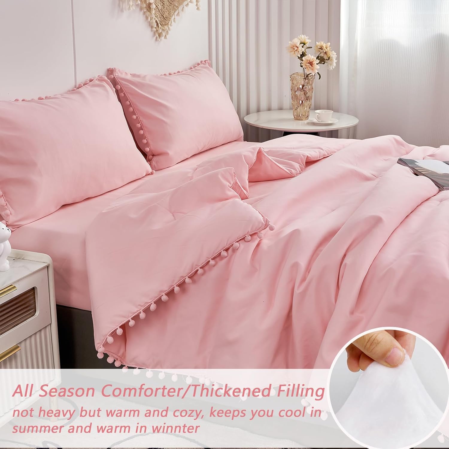 PERFEMET 5 Pcs Pink Pom Pom Comforter Twin Size Aesthetic Boho Pom Fringe Bedding Set with Sheet Ultra Soft Lightweight Farmhouse Bedding Quilt Set for Girls Kids(Pink, Twin) - Image 5