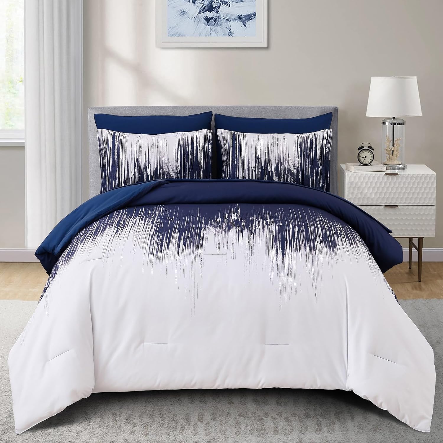 Ombre Blue Comforter Set King Size Reversible Gradient Blue Grey Boho Bedding Set for Men Women 8 Pieces Bed in A Bag Bohemian Bed Set With Comforter, Sheets, Pillowcases & Shams, Cushion Cover - Image 11