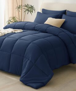 CozyLux Navy Blue Queen Comforter Set with Sheets - 7 Pieces Bed in a Bag Queen Bedding Sets, All Season Soft 7PC Bed Set with Navy Comforter, Flat Sheet, Fitted Sheet, Pillowcases & Pillow Shams
