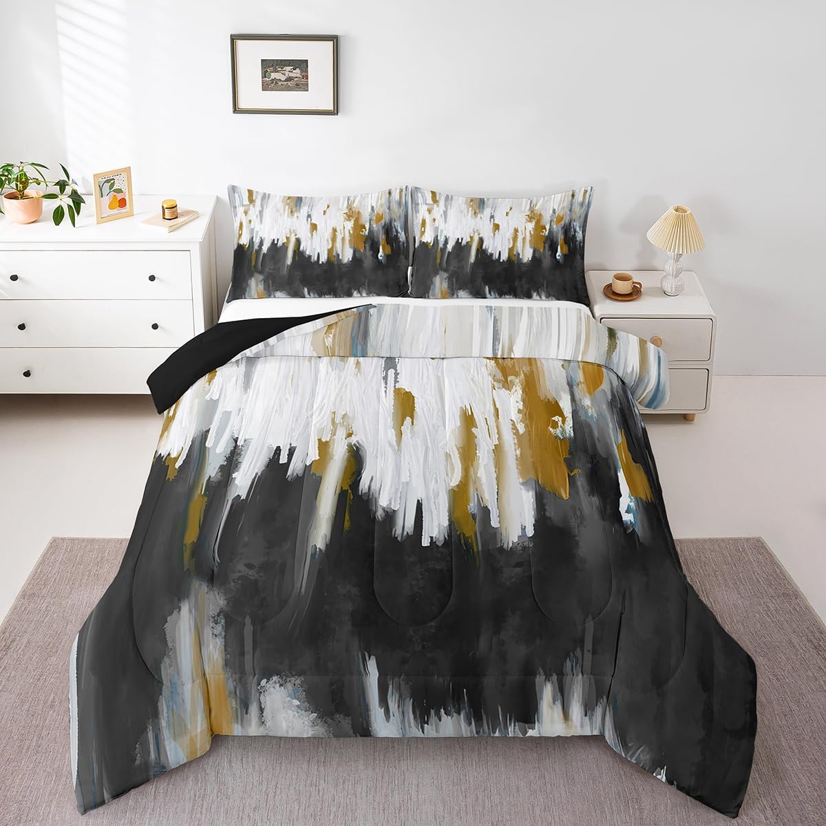 Erosebridal Black Grey Gold Comforter Set Queen Brush Strokes Oil Painting Bedding Set, Gradient Abstract Vintage Bedding Comforter Sets Ombre Graffiti Duvet Set, Contemporary Modern Quilted Comforter - Image 33