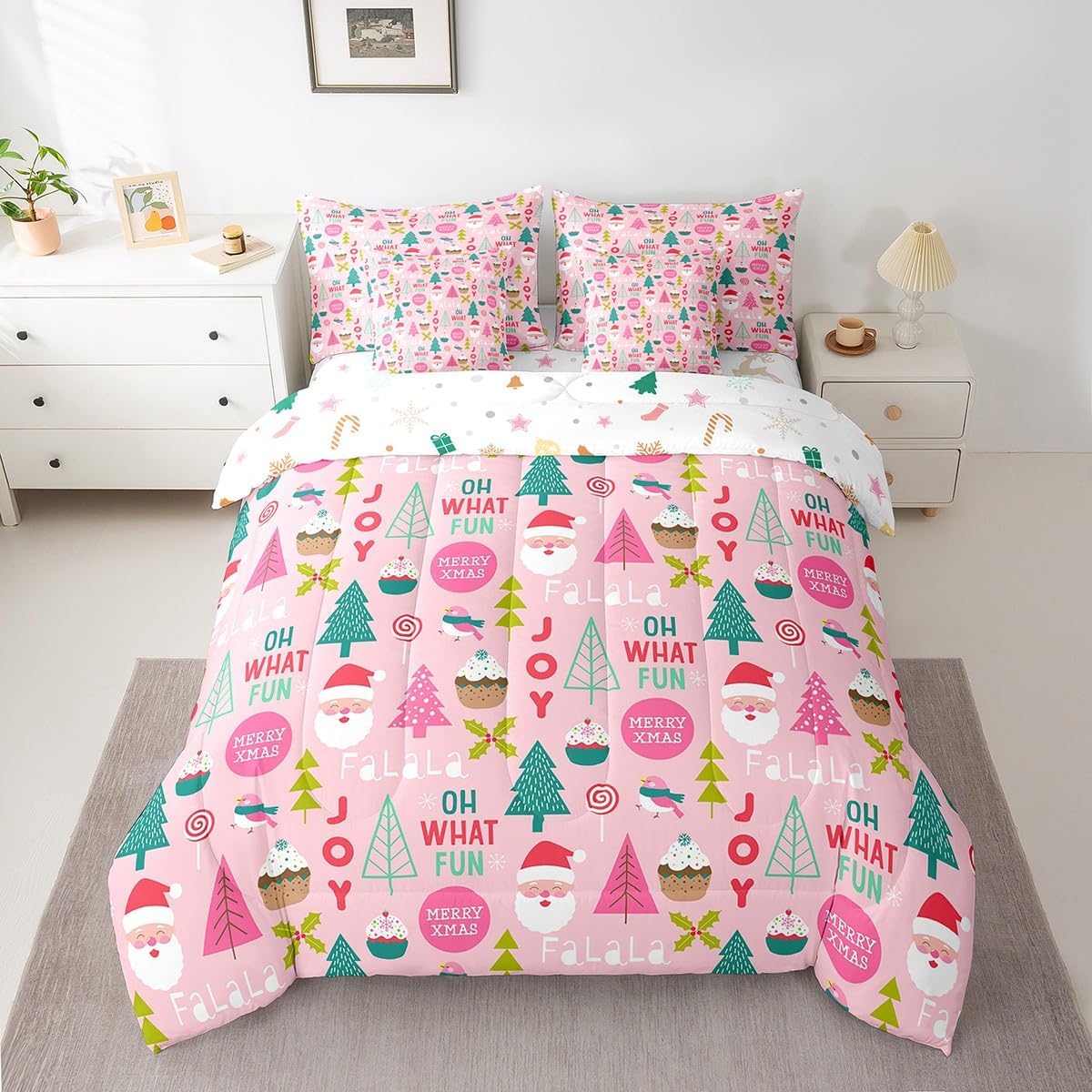 Pink Christmas 7 Piece Bedding Set Full Size Merry Christmas Snowman Bed in a Bag for Boys Girls Bedroom Decor Santa Claus Comforter Set with Sheets,Pillowcases & Cushion Cover Soft Xmas Tree Deer - Image 19