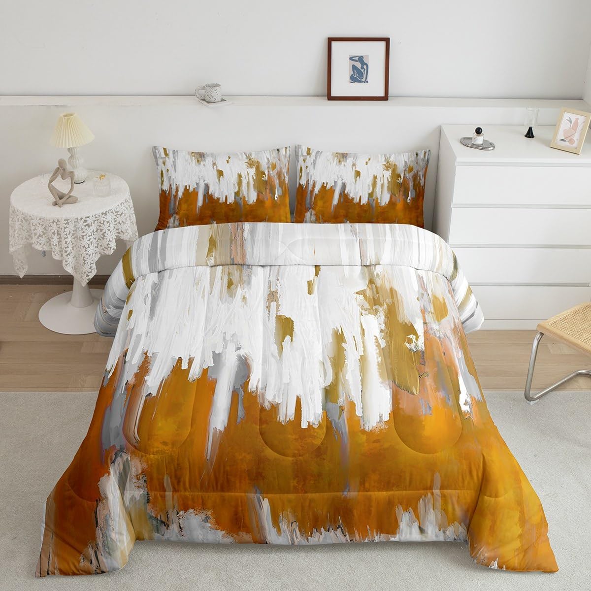 Erosebridal Black Grey Gold Comforter Set Queen Brush Strokes Oil Painting Bedding Set, Gradient Abstract Vintage Bedding Comforter Sets Ombre Graffiti Duvet Set, Contemporary Modern Quilted Comforter - Image 46