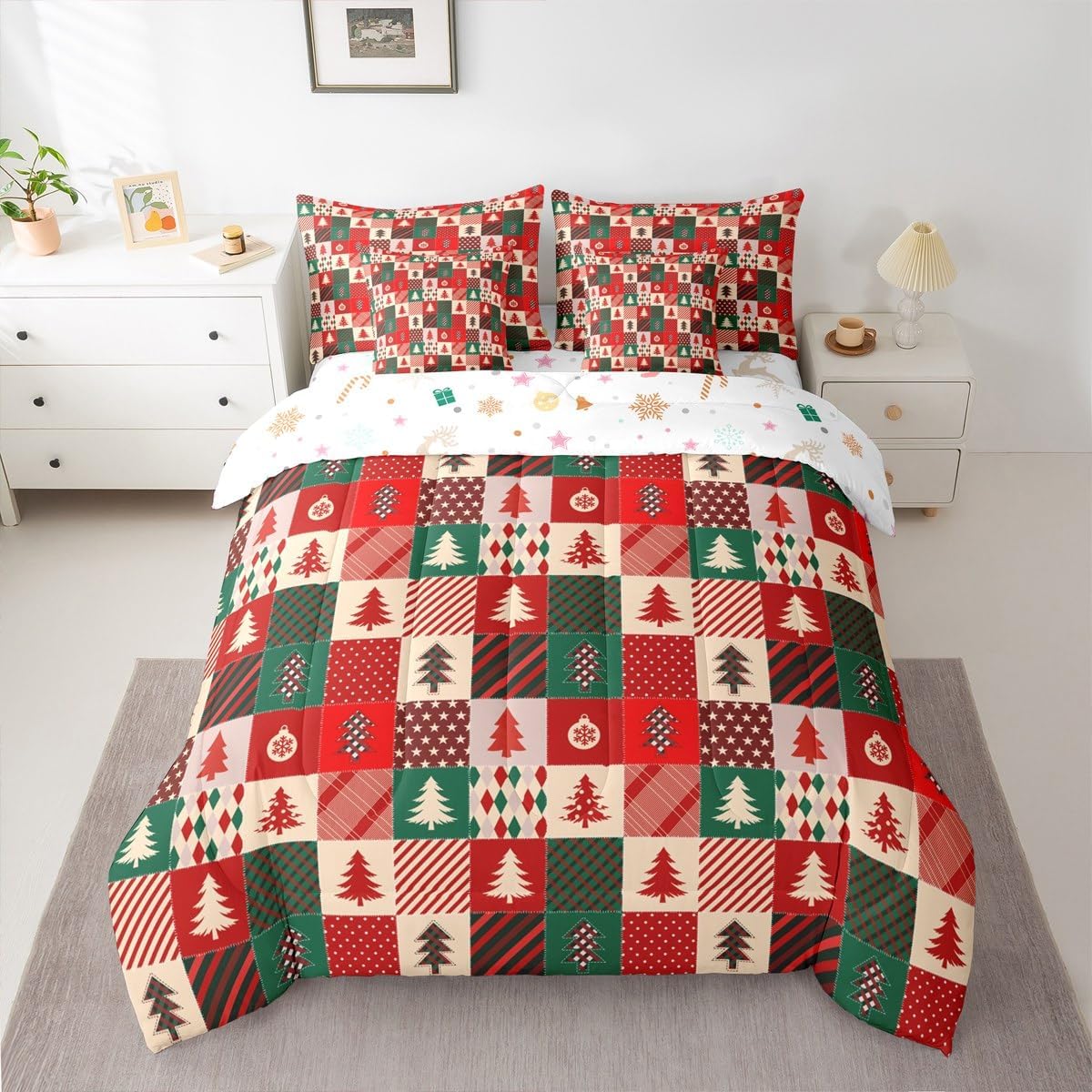 Pink Christmas 7 Piece Bedding Set Full Size Merry Christmas Snowman Bed in a Bag for Boys Girls Bedroom Decor Santa Claus Comforter Set with Sheets,Pillowcases & Cushion Cover Soft Xmas Tree Deer - Image 20