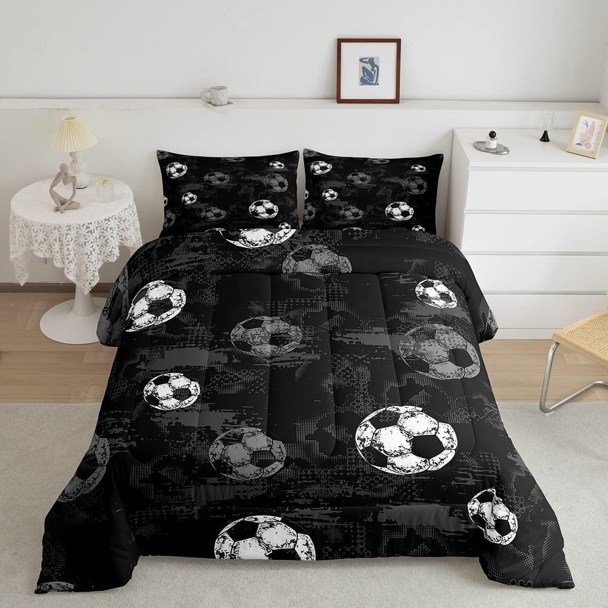 Erosebridal Soccer Comforter Twin Football Bedding Sets for Boys Teens Sport Themed Bedding Ball Gaming Duvet Insert Black Gray Grunge Room Decor 2pcs with 1 Pillow Case Lightweight Soft Bed Set - Image 3