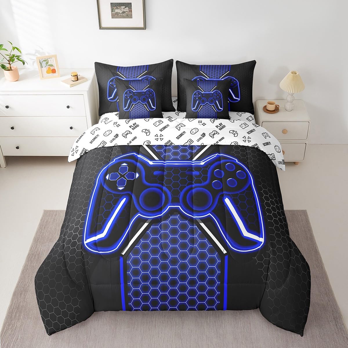 Feelyou Gamer Bedding Set Gamepad Comforter Set with Sheets 7 Piece for Boys Gaming Gifts Bed in a Bag Full Game Controller Red Bed Set with Comforter,Sheets,Cushion Covers - Image 9