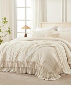 Andency Beige Full Size Comforter Set, 3 Pieces Farmhouse Shabby Chic Ruffle Comforter, Soft Lightweight Fluffy All Season Microfiber Bedding Comforter Set for Kids, Girls, Women