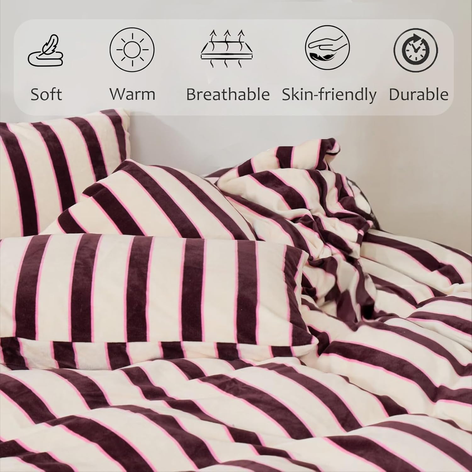 Bedbay Striped Queen Comforter Set Velvety Fleece Comforter Set Modern Style Striped Beding with 2 Pillowcases Lightweight 3 Pcs Boho Bedding Quilt Farmhouse Stripes Fluffy Bed Set for All Seasons - Image 4