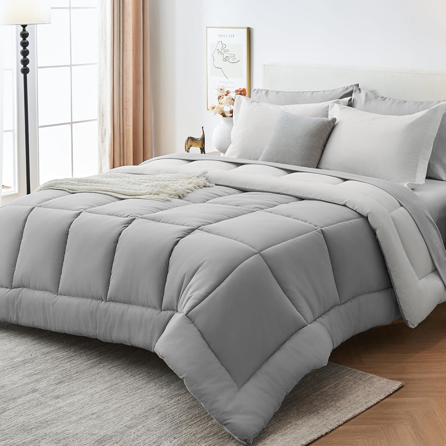 Sasttie Queen Comforter Set, 7 Pieces Bed in a Bag Queen, Complete Bedding Set Includes Grey Comforter, Flat Sheet, Fitted Sheet, Pillowcases and Pillow Shams, Dark Grey - Image 14