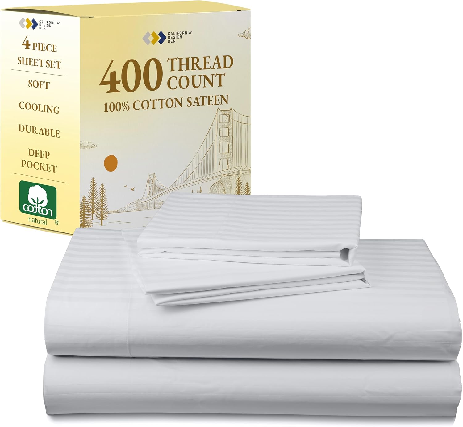 California Design Den King Size Sheets Set - Soft 400 Thread Count Sateen, Natural 100% Cotton Sheets King Size, Deep Pockets with All Around Elastic for a Snug Fit, Cool & Durable Bedding - White - Image 13