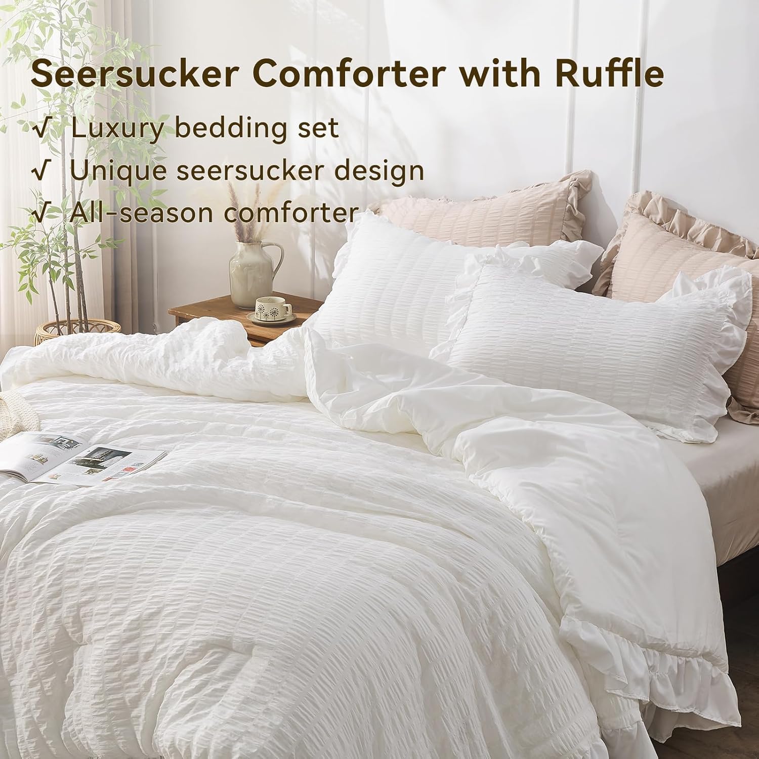 JOLLYVOGUE Queen Comforter Set, 3 Pieces White Seersucker Comforters Queen Size, Lightweight & Fluffy Bedding Sets Queen for All Season with 1 Ruffle Comforter and 2 Ruffle Pillowshams - Image 3