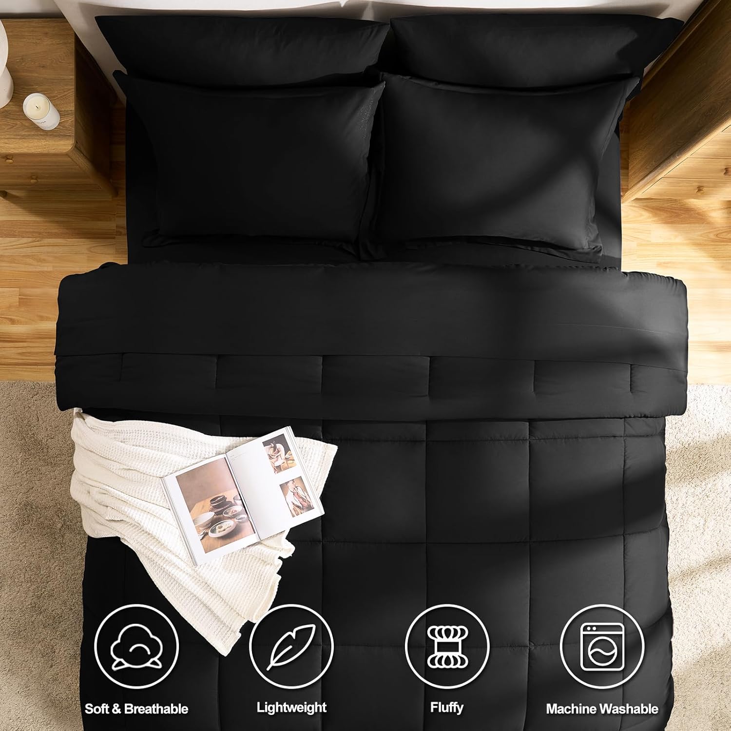CozyLux Queen Comforter Set Black - 7 Pieces Bed in a Bag Queen, All Season Soft Bedding Set, Oeko-Tex Certified Reversible Bed Set with Down Alternative Comforter, Sheets, Pillowcases & Pillow Shams - Image 2