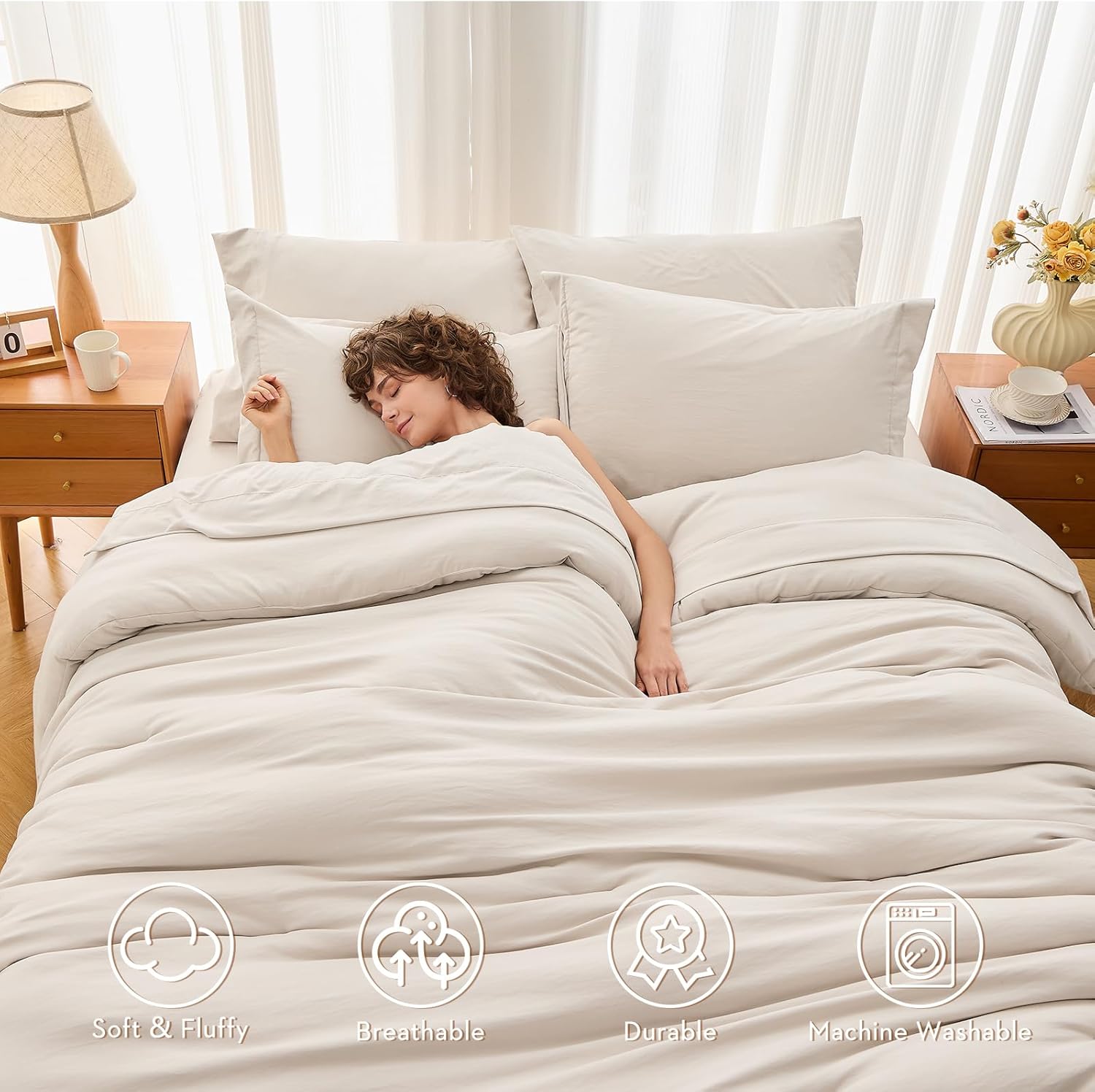 MUXHOMO 7 Pieces Queen Comforter Set, Soft Bed in a Bag Queen Size, All Season Bedding Set with Comforter, Flat Sheet, Fitted Sheet, Pillowcases & Shams, Beige - Image 2