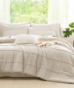 CozyLux King Size Comforter Set Beige, 7 Pieces Soft Pinch Pleat Bed in a Bag King Comforter Set with Sheets, Boho Bed Set with Down Alternative Comforter, Sheets, Pillowcases & Shams