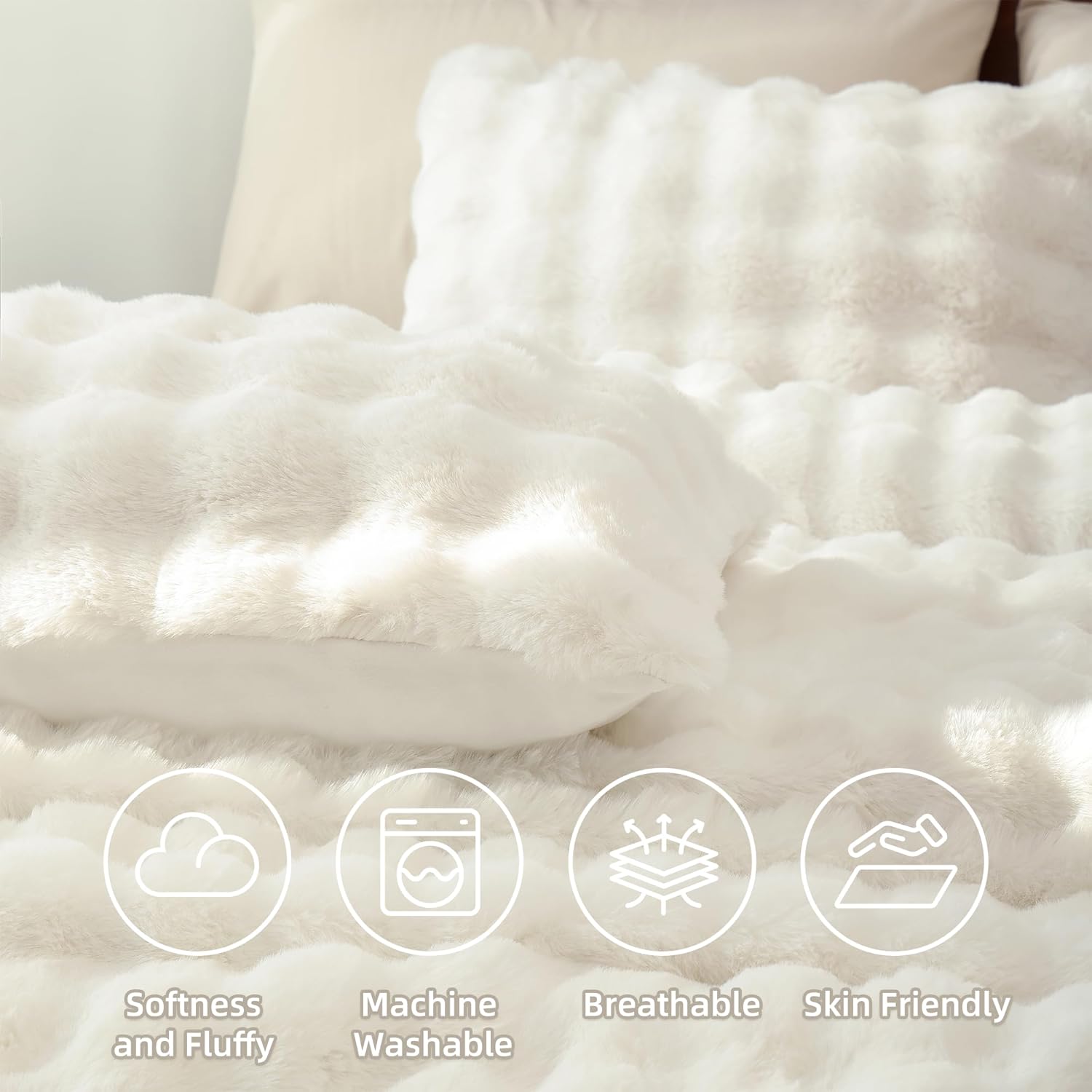 YIKUSH White Comforter Set Full – Ultra Soft & Warm Faux Fur Comforter for Winter, Elegant Fluffy Cream Comforter with Pillowcases, Cozy White Full Bedding Set - Image 3