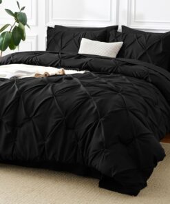 CozyLux Queen Comforter Set Black, 7 Pieces Pintuck Bed in A Bag, Premium Black Comforter Queen Size, Pinch Pleat Bedding Sets with Comforter, Sheets, Pillowcases & Shams